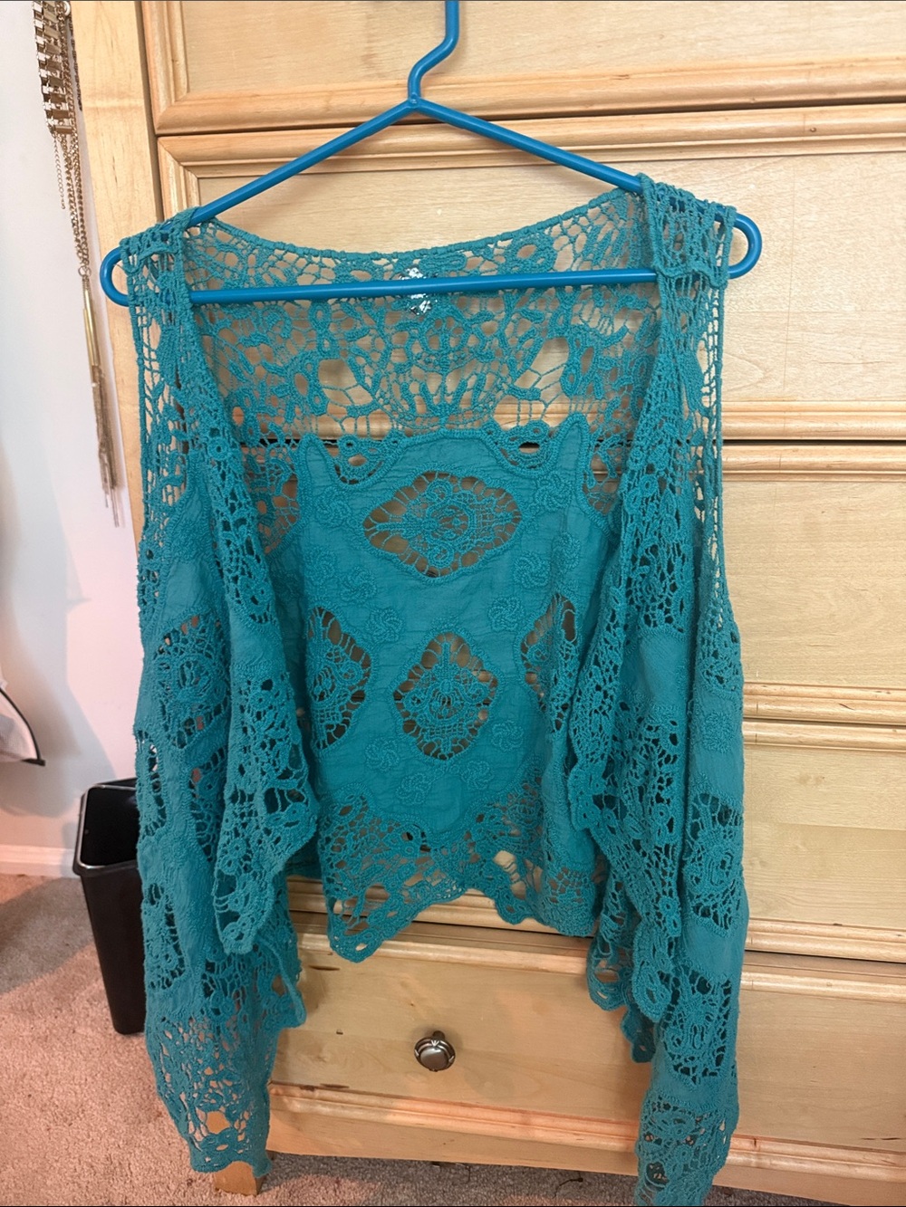 Teal Crochet Lace Kimono Cover-Up waist length  and sleeveless